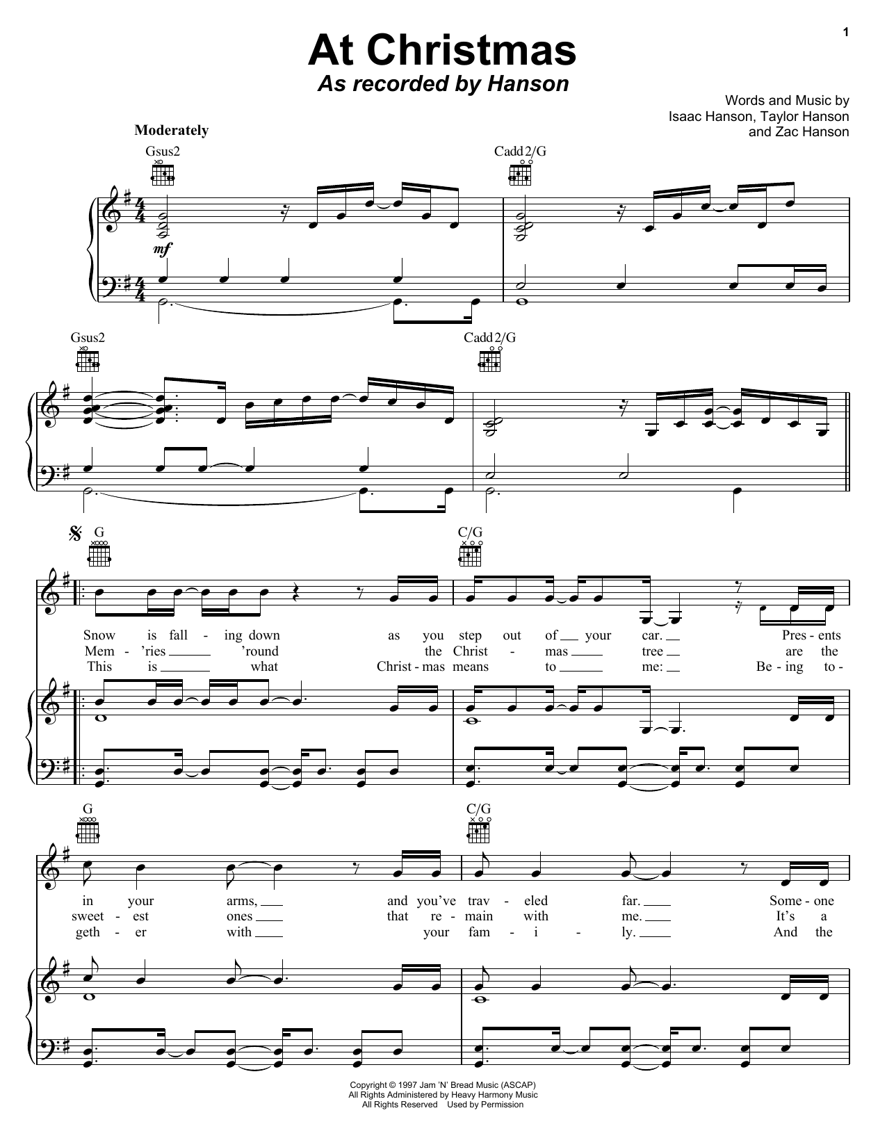 Hanson At Christmas Sheet Music Notes & Chords for Piano, Vocal & Guitar (Right-Hand Melody) - Download or Print PDF