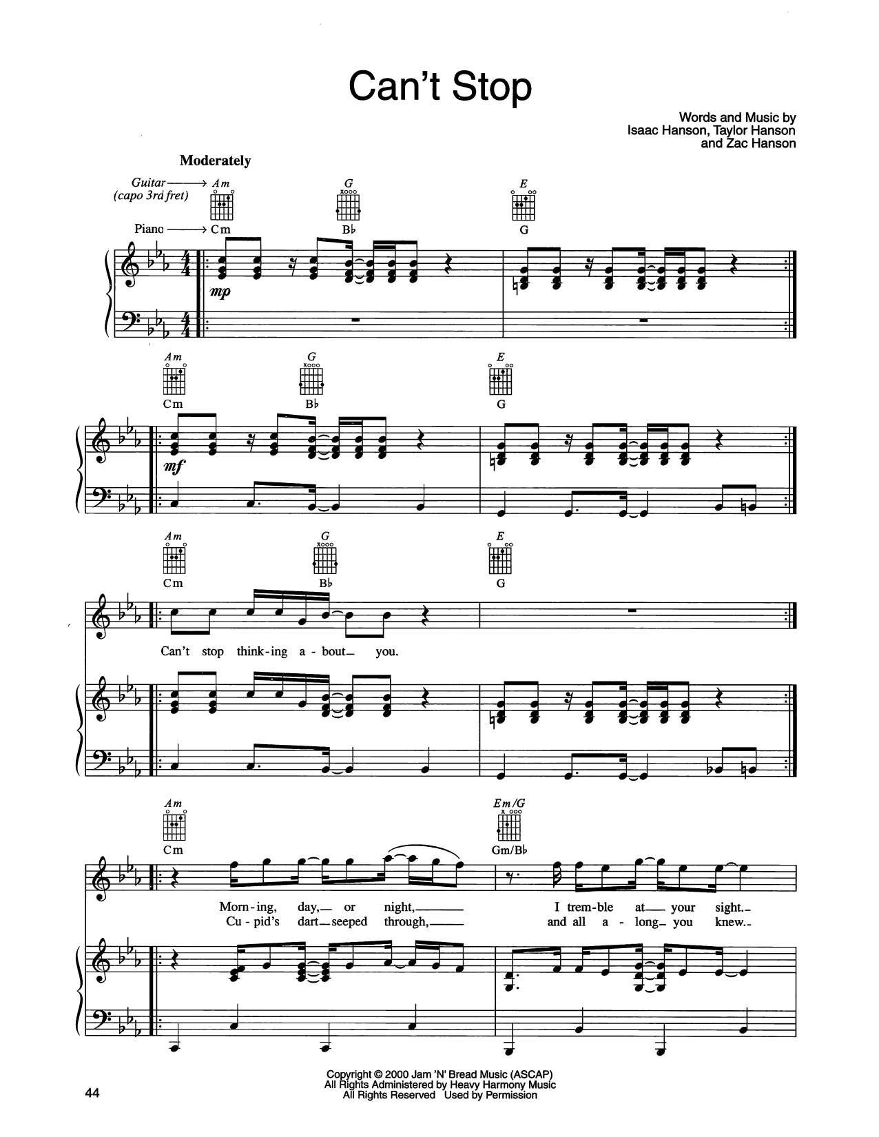 Hanson Can't Stop Sheet Music Notes & Chords for Piano, Vocal & Guitar Chords (Right-Hand Melody) - Download or Print PDF