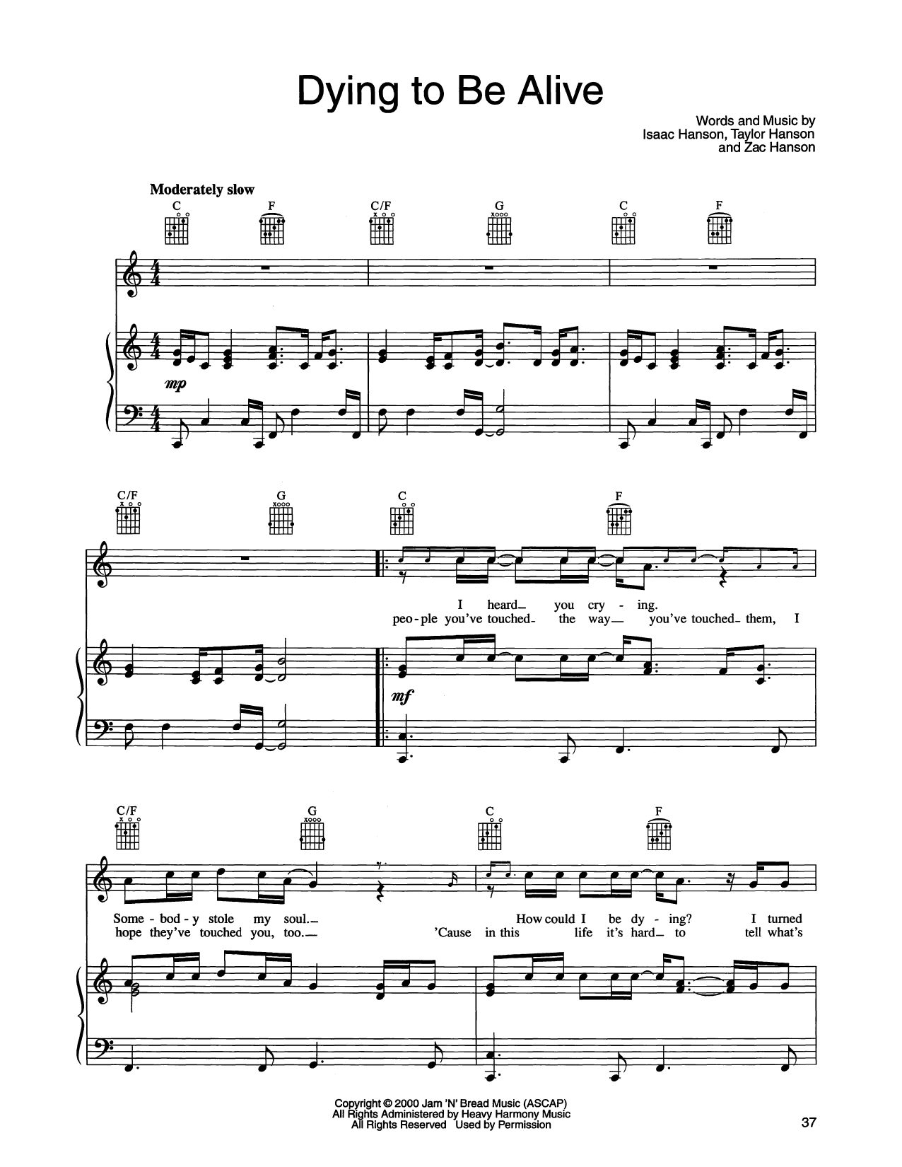 Hanson Dying To Be Alive Sheet Music Notes & Chords for Piano, Vocal & Guitar Chords (Right-Hand Melody) - Download or Print PDF