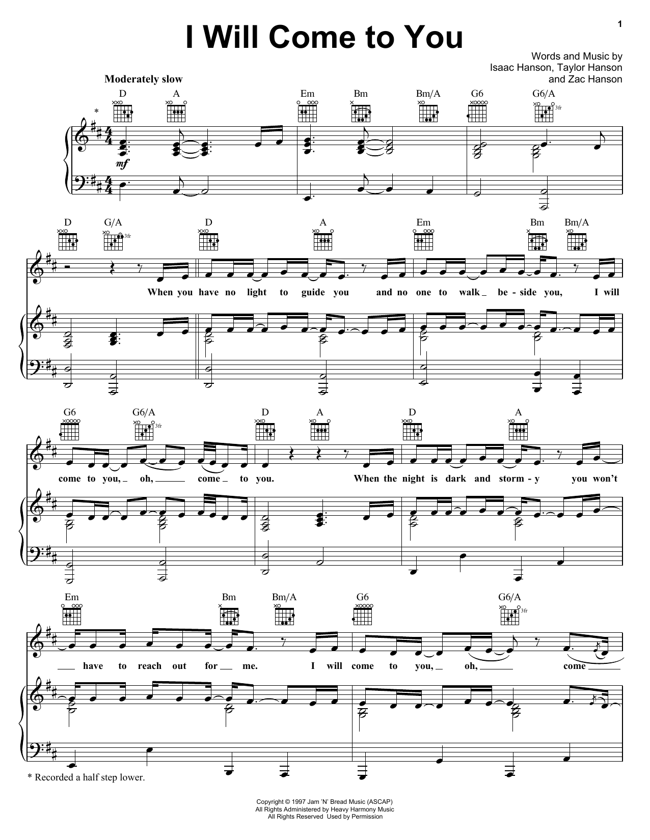 Hanson I Will Come To You Sheet Music Notes & Chords for Piano, Vocal & Guitar (Right-Hand Melody) - Download or Print PDF