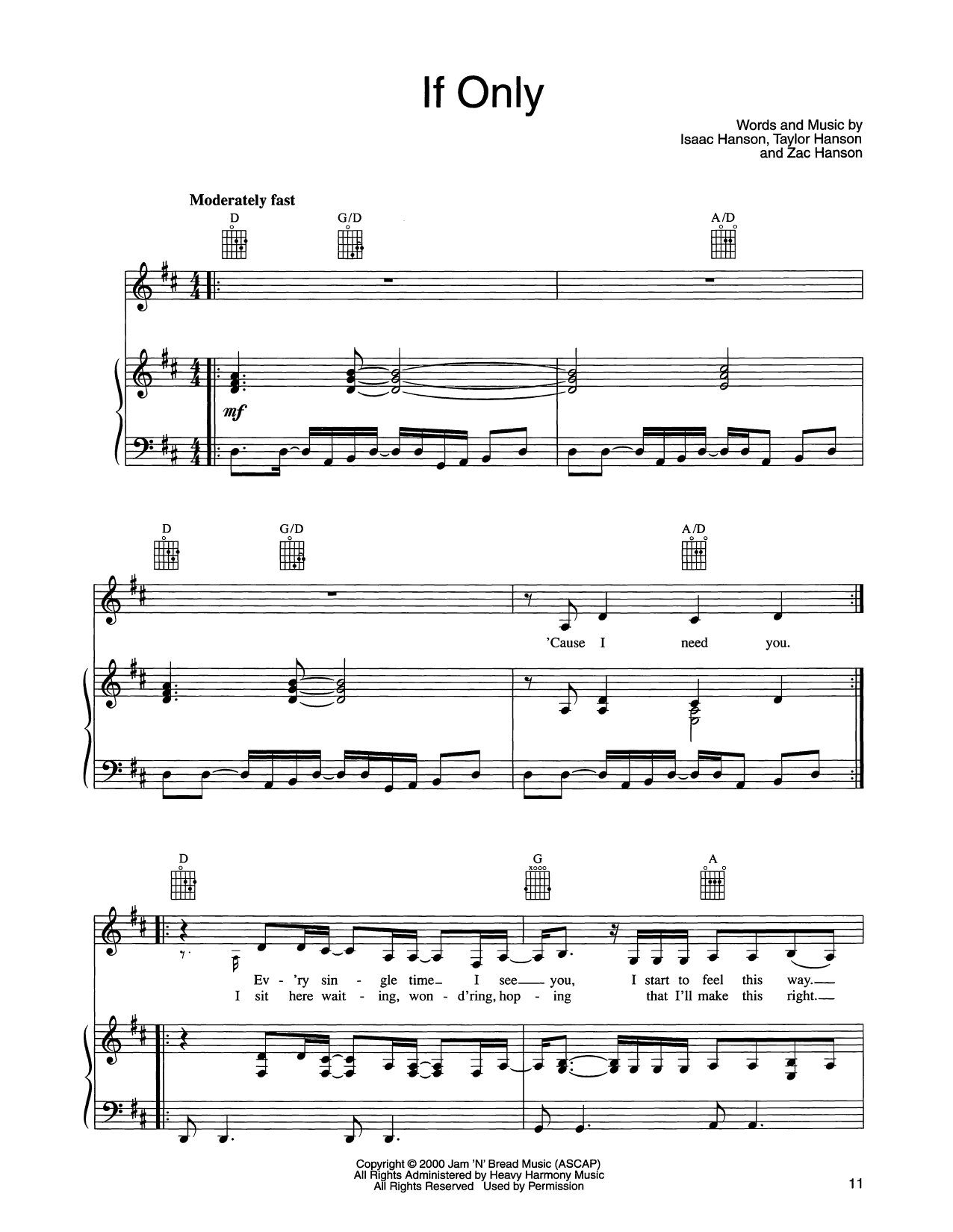 Hanson If Only Sheet Music Notes & Chords for Piano, Vocal & Guitar Chords (Right-Hand Melody) - Download or Print PDF