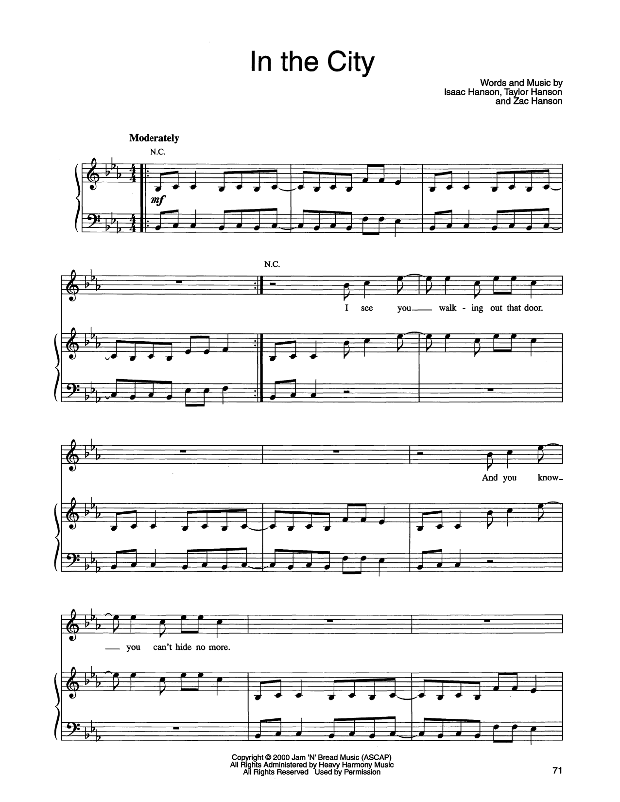 Hanson In The City Sheet Music Notes & Chords for Piano, Vocal & Guitar Chords (Right-Hand Melody) - Download or Print PDF
