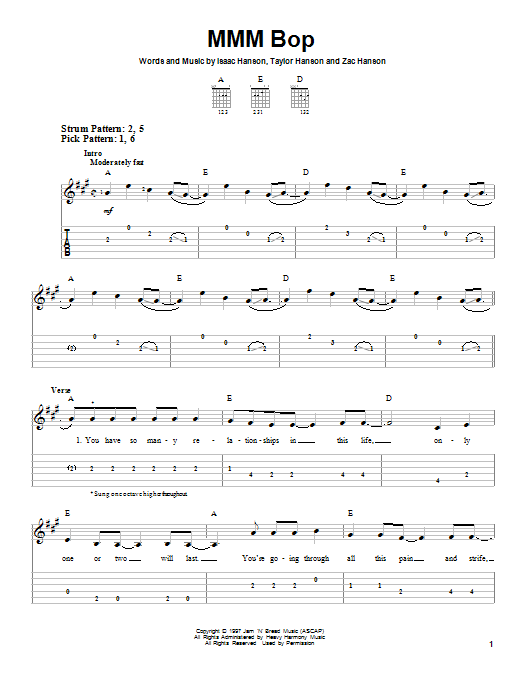 Hanson MMM Bop Sheet Music Notes & Chords for Easy Guitar Tab - Download or Print PDF