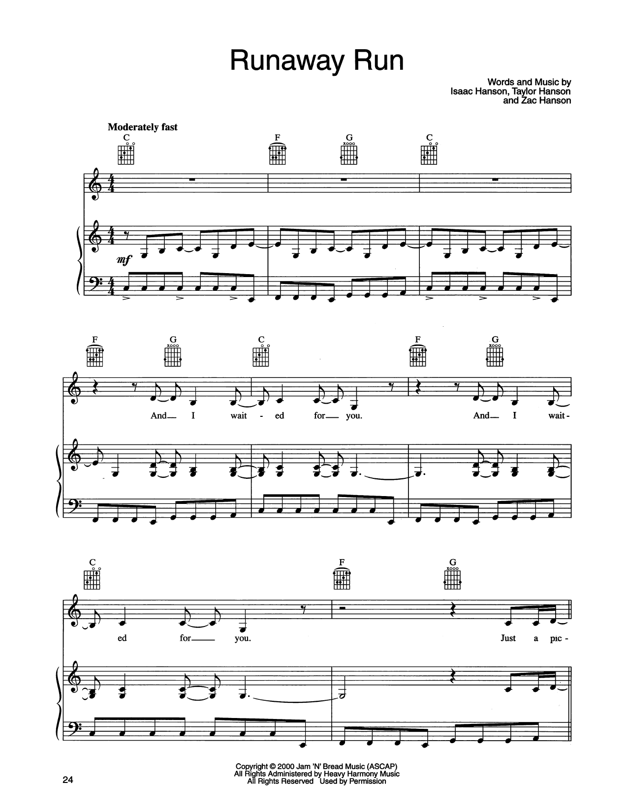 Hanson Runaway Run Sheet Music Notes & Chords for Piano, Vocal & Guitar Chords (Right-Hand Melody) - Download or Print PDF
