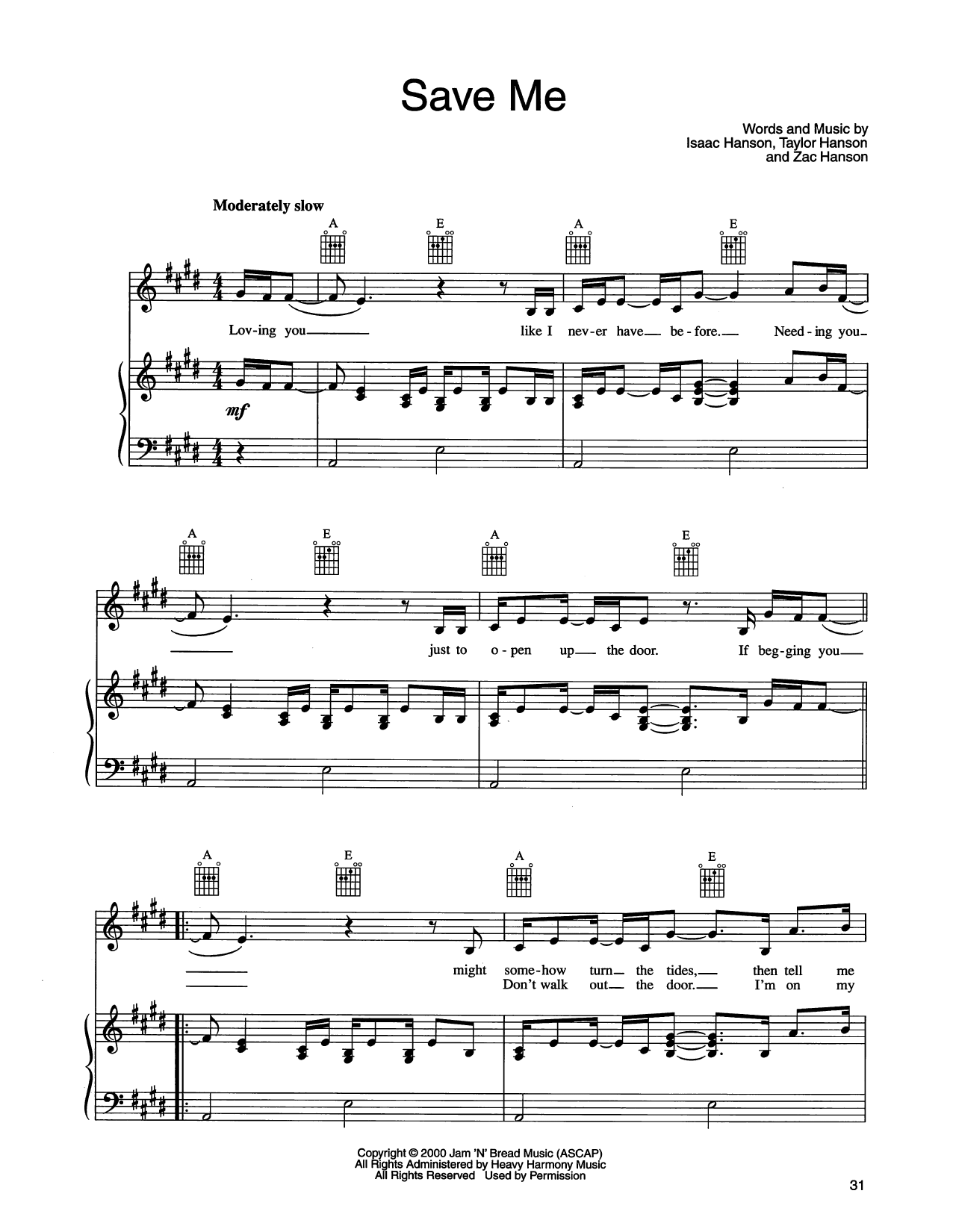 Hanson Save Me Sheet Music Notes & Chords for Piano, Vocal & Guitar Chords (Right-Hand Melody) - Download or Print PDF