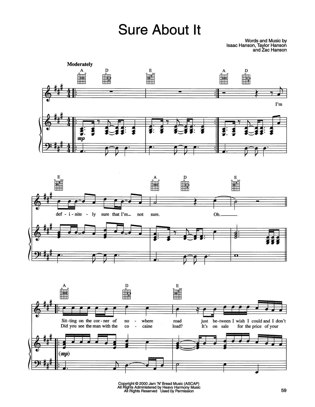 Hanson Sure About It Sheet Music Notes & Chords for Piano, Vocal & Guitar Chords (Right-Hand Melody) - Download or Print PDF