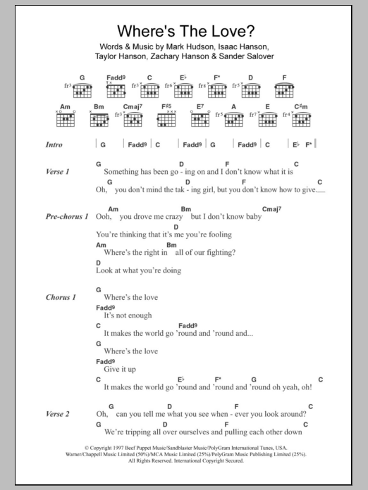 Hanson Where's The Love Sheet Music Notes & Chords for Lyrics & Chords - Download or Print PDF