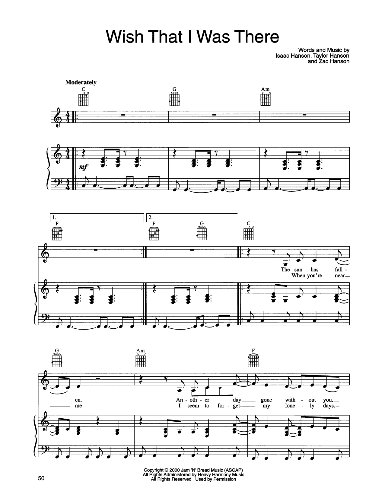 Hanson Wish That I Was There Sheet Music Notes & Chords for Piano, Vocal & Guitar Chords (Right-Hand Melody) - Download or Print PDF