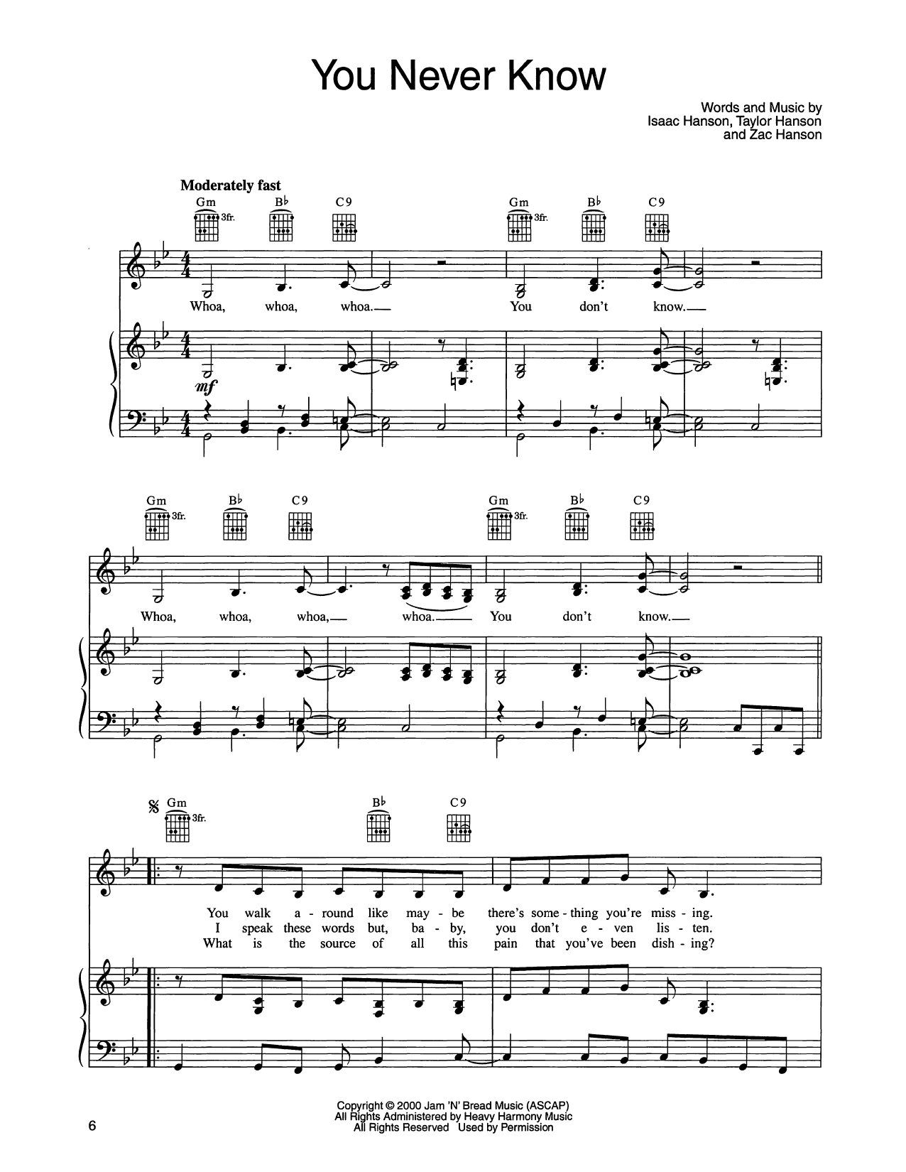 Hanson You Never Know Sheet Music Notes & Chords for Piano, Vocal & Guitar Chords (Right-Hand Melody) - Download or Print PDF
