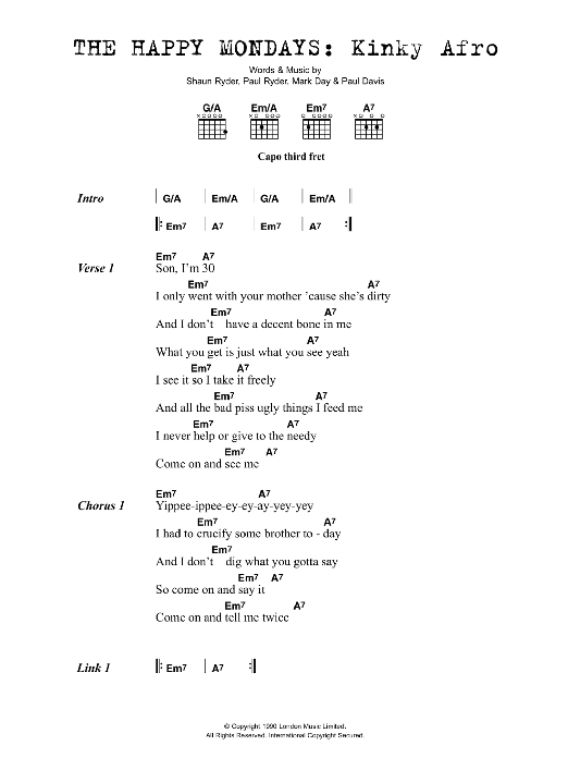 Happy Mondays Kinky Afro Sheet Music Notes & Chords for Lyrics & Chords - Download or Print PDF