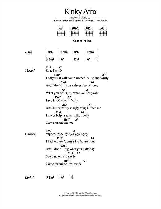 Happy Mondays Kinky Afro Sheet Music Notes & Chords for Lyrics & Chords - Download or Print PDF