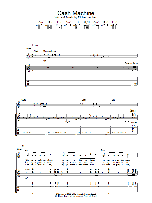 Hard-Fi Cash Machine Sheet Music Notes & Chords for Guitar Tab - Download or Print PDF