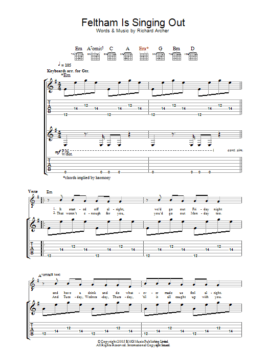 Hard-Fi Feltham Is Singing Out Sheet Music Notes & Chords for Guitar Tab - Download or Print PDF