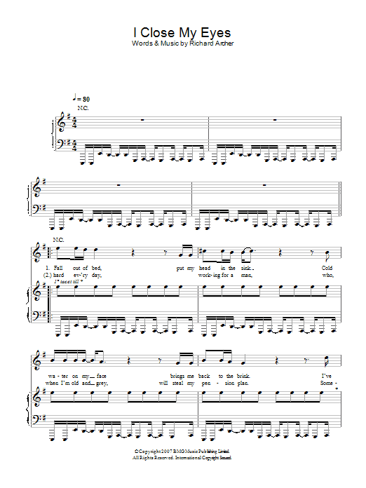 Hard-Fi I Close My Eyes Sheet Music Notes & Chords for Piano, Vocal & Guitar - Download or Print PDF