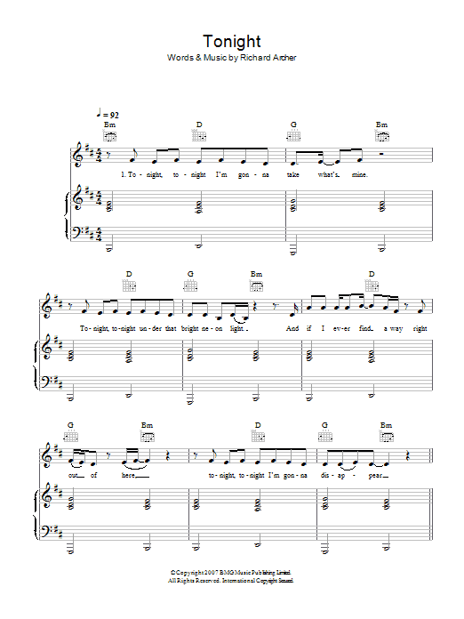 Hard-Fi Tonight Sheet Music Notes & Chords for Piano, Vocal & Guitar (Right-Hand Melody) - Download or Print PDF