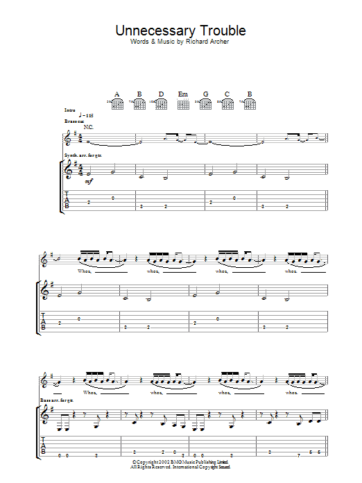 Hard-Fi Unnecessary Trouble Sheet Music Notes & Chords for Guitar Tab - Download or Print PDF