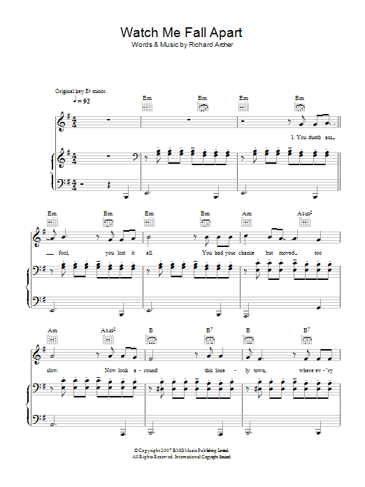 Hard-Fi Watch Me Fall Apart Sheet Music Notes & Chords for Piano, Vocal & Guitar - Download or Print PDF