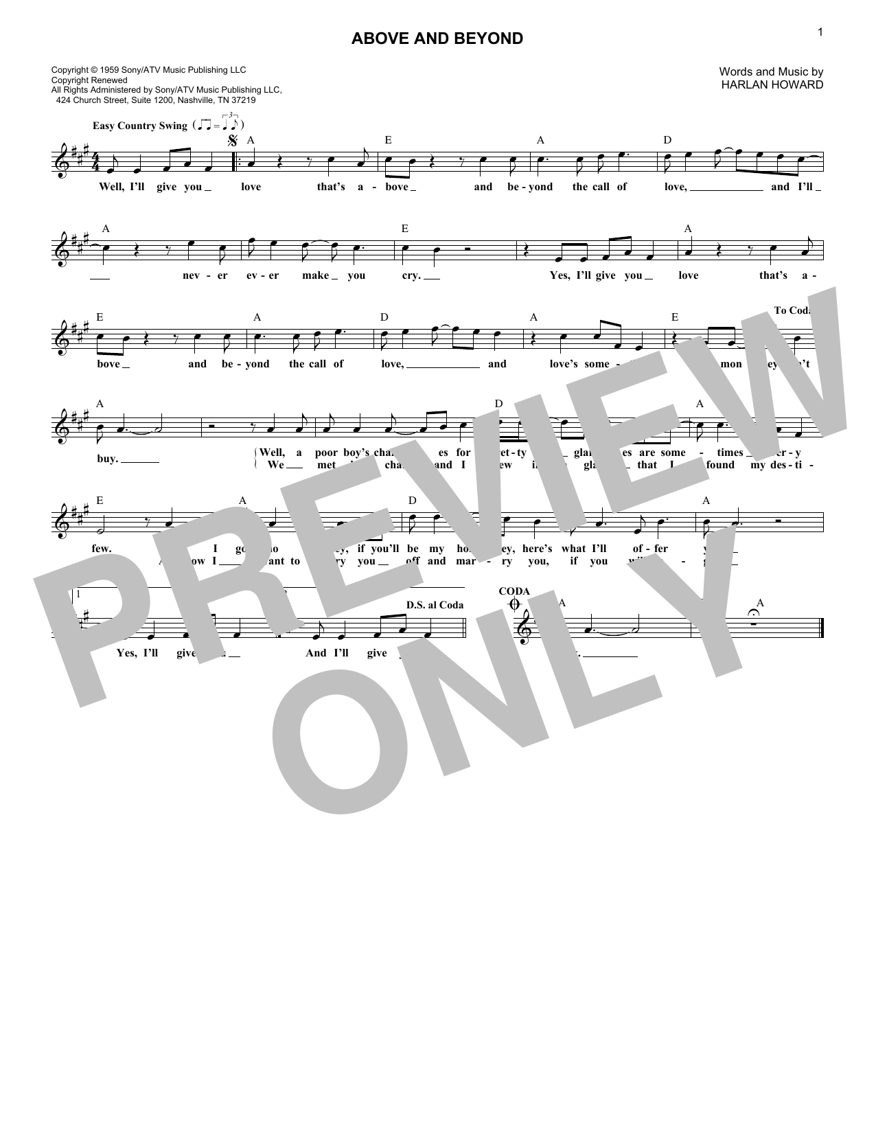 Harlan Howard Above And Beyond Sheet Music Notes & Chords for Lead Sheet / Fake Book - Download or Print PDF