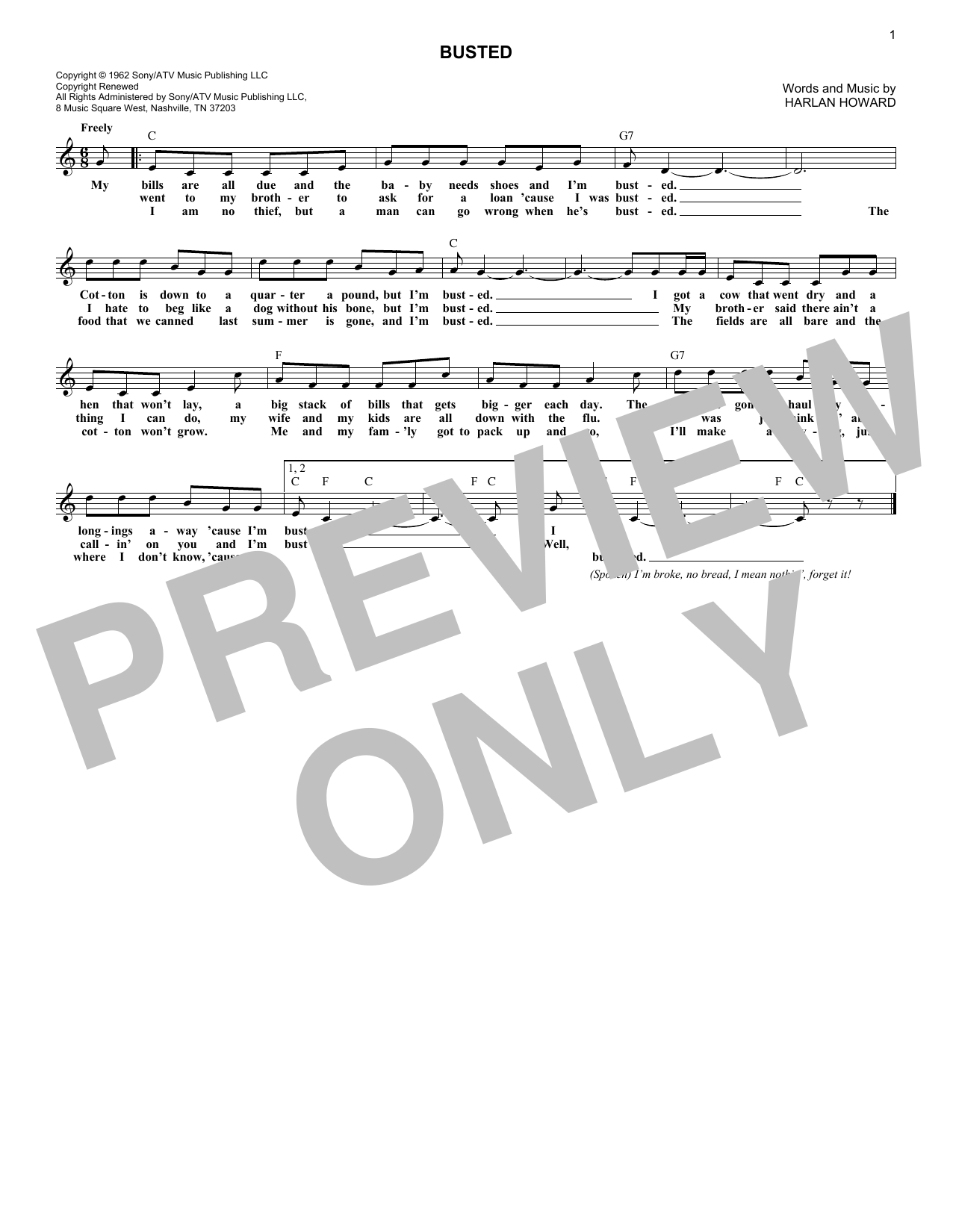 Harlan Howard Busted Sheet Music Notes & Chords for Melody Line, Lyrics & Chords - Download or Print PDF
