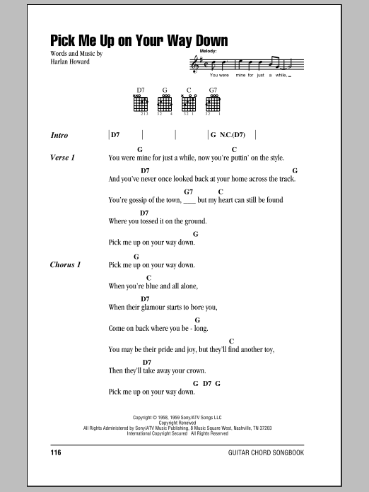 Harlan Howard Pick Me Up On Your Way Down Sheet Music Notes & Chords for Lyrics & Chords - Download or Print PDF