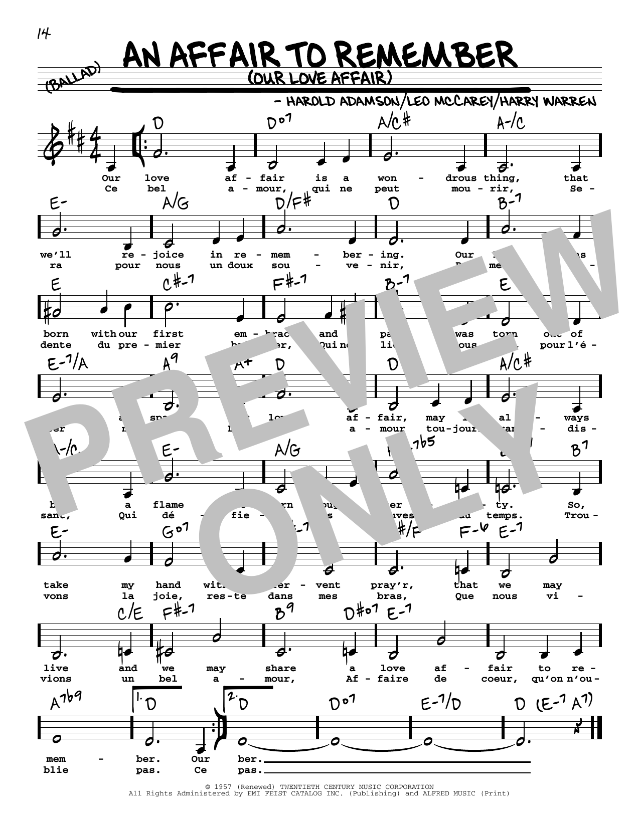 Harold Adamson An Affair To Remember (Our Love Affair) (Low Voice) Sheet Music Notes & Chords for Real Book – Melody, Lyrics & Chords - Download or Print PDF