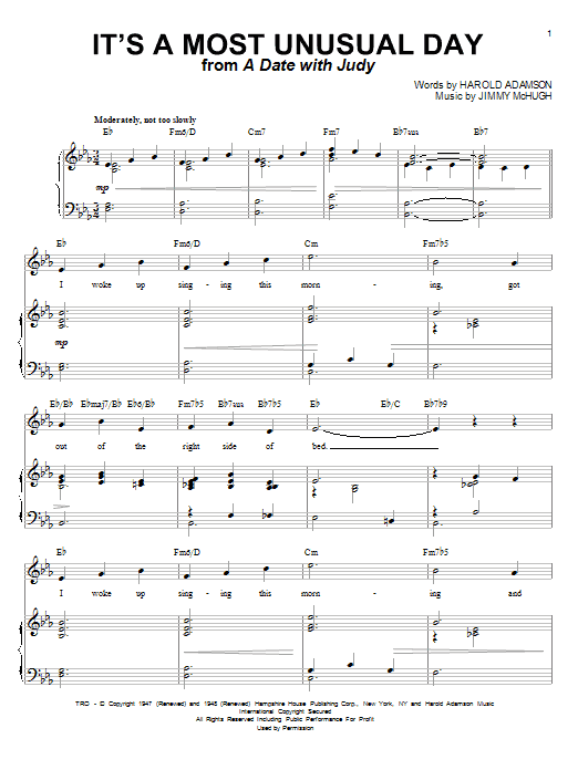 Harold Adamson It's A Most Unusual Day Sheet Music Notes & Chords for Piano, Vocal & Guitar (Right-Hand Melody) - Download or Print PDF