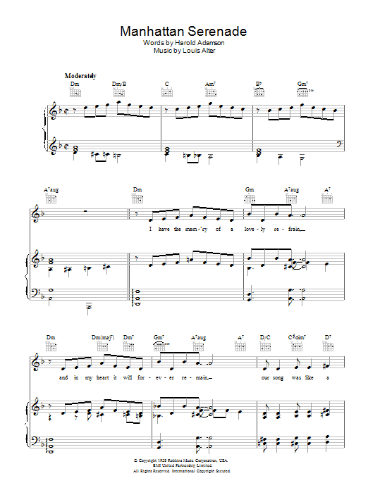 Harold Adamson Manhattan Serenade Sheet Music Notes & Chords for Piano, Vocal & Guitar (Right-Hand Melody) - Download or Print PDF