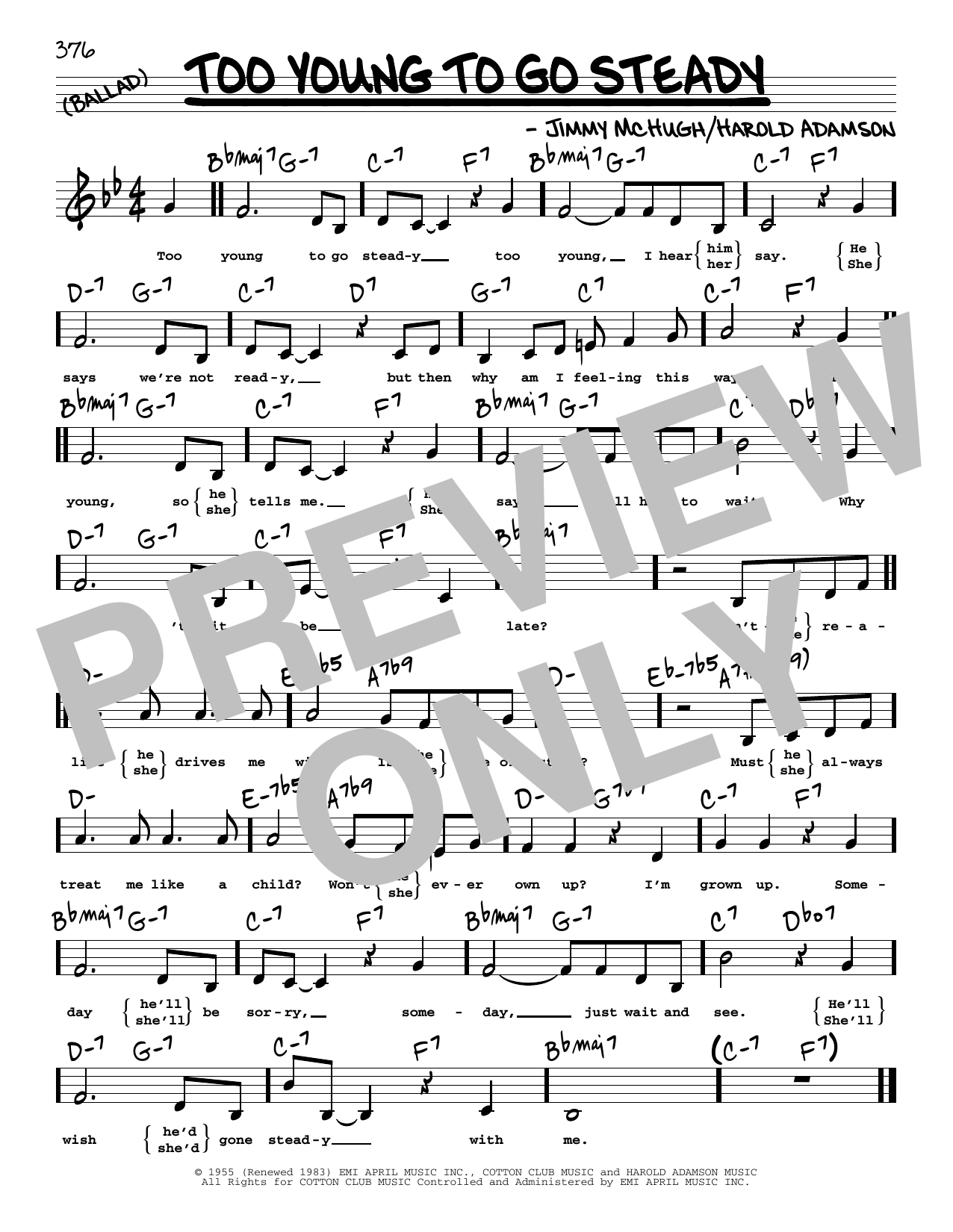 Harold Adamson Too Young To Go Steady (Low Voice) Sheet Music Notes & Chords for Real Book – Melody, Lyrics & Chords - Download or Print PDF