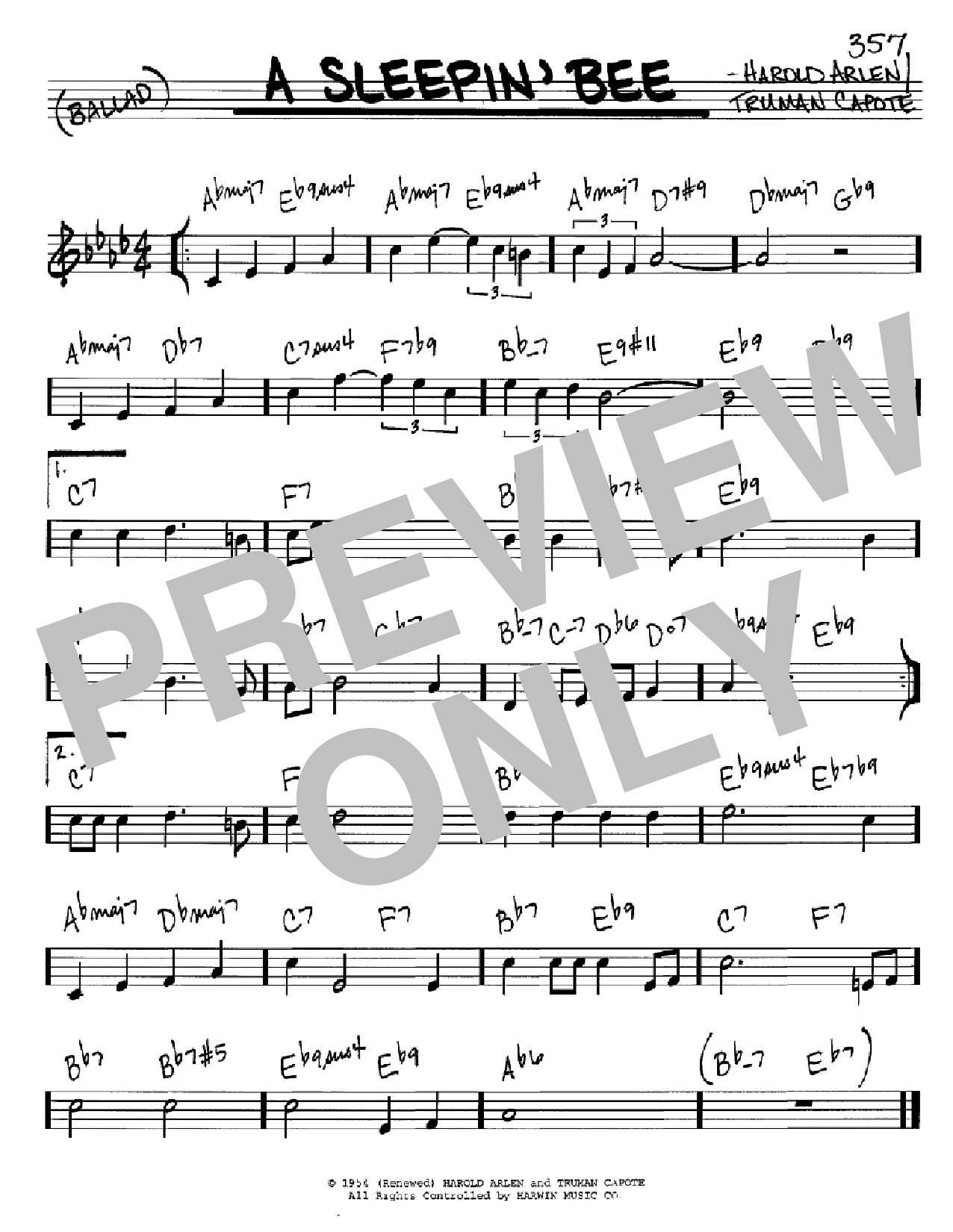 Harold Arlen A Sleepin' Bee Sheet Music Notes & Chords for Real Book - Melody & Chords - C Instruments - Download or Print PDF