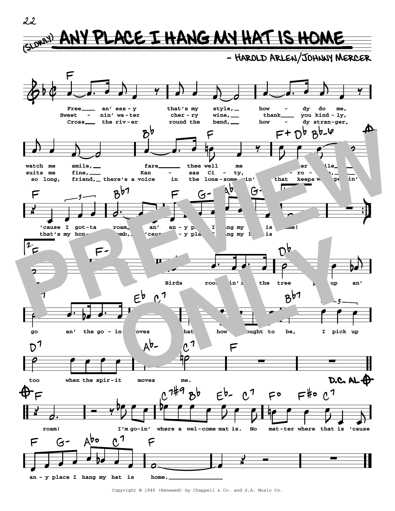 Harold Arlen and Johnny Mercer Any Place I Hang My Hat Is Home (High Voice) (from St. Louis Woman) Sheet Music Notes & Chords for Real Book – Melody, Lyrics & Chords - Download or Print PDF Harold Arlen and Johnny Mercer Any Place I Hang My Hat Is Home (High Voice) (from St. Louis Woman) Sheet Music Notes & Chords for Real Book – Melody, Lyrics & Chords - Download or Print PDF