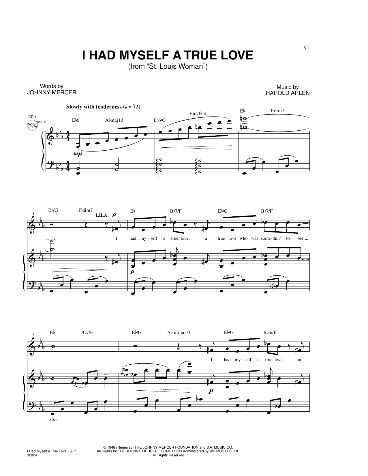 Harold Arlen and Johnny Mercer I Had Myself A True Love (from St. Louis Woman) Sheet Music Notes & Chords for Piano & Vocal - Download or Print PDF