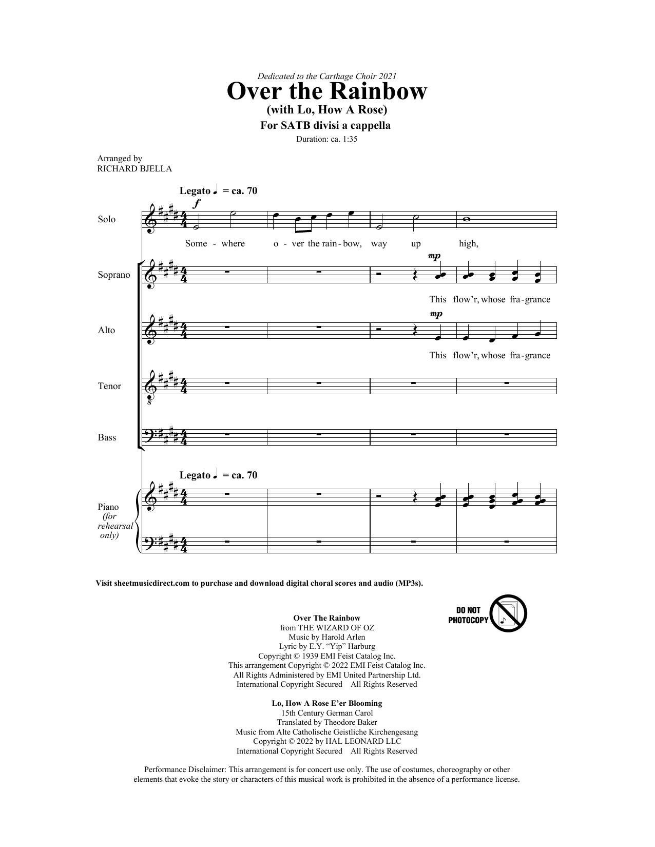 Harold Arlen and Michael Praetorius Over The Rainbow (with Lo How a Rose) (arr. Richard Bjella) Sheet Music Notes & Chords for SATB Choir - Download or Print PDF