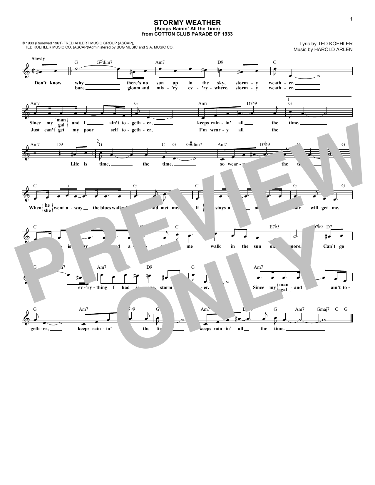 Harold Arlen and Ted Koehler Stormy Weather (Keeps Rainin' All The Time) Sheet Music Notes & Chords for Lead Sheet / Fake Book - Download or Print PDF
