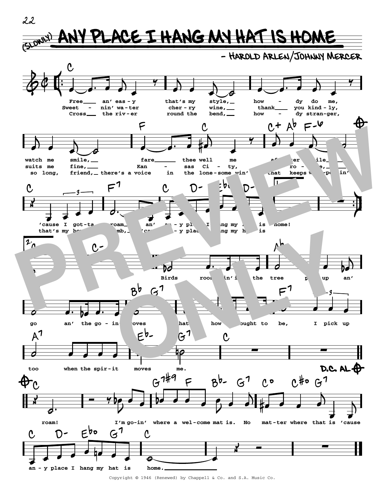 Harold Arlen Any Place I Hang My Hat Is Home (Low Voice) Sheet Music Notes & Chords for Real Book – Melody, Lyrics & Chords - Download or Print PDF