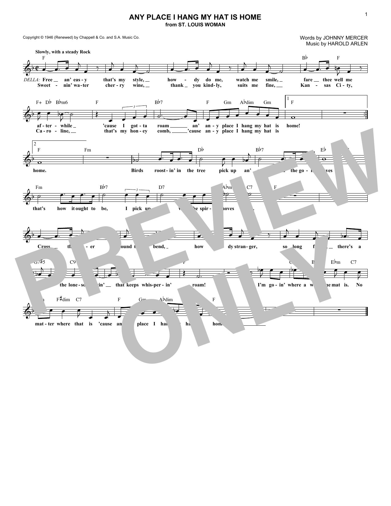 Harold Arlen Any Place I Hang My Hat Is Home Sheet Music Notes & Chords for Melody Line, Lyrics & Chords - Download or Print PDF