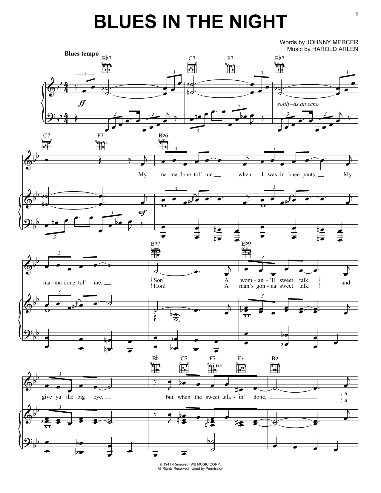 Harold Arlen Blues In The Night Sheet Music Notes & Chords for Easy Piano - Download or Print PDF