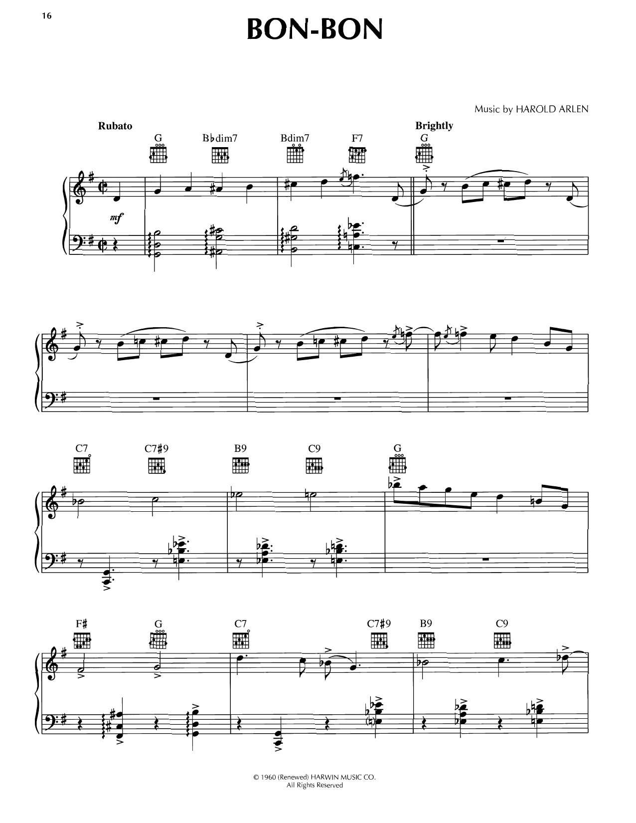 Harold Arlen Bon-Bon Sheet Music Notes & Chords for Piano Solo - Download or Print PDF