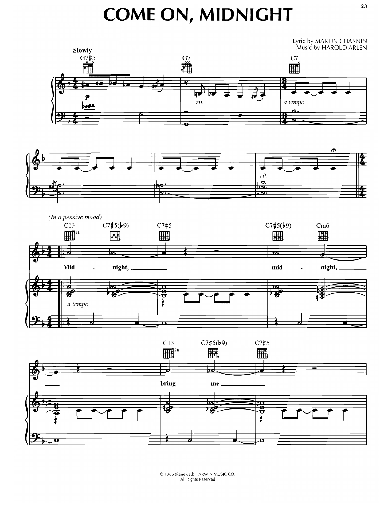 Harold Arlen Come On, Midnight Sheet Music Notes & Chords for Piano, Vocal & Guitar Chords (Right-Hand Melody) - Download or Print PDF