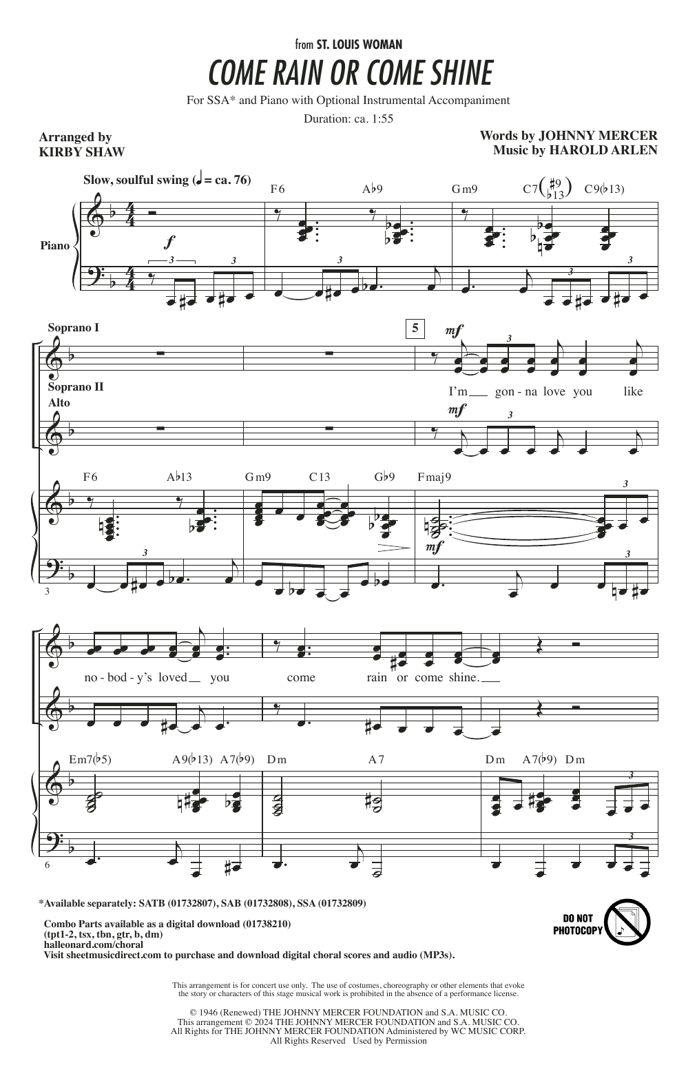 Harold Arlen Come Rain Or Come Shine (arr. Kirby Shaw) Sheet Music Notes & Chords for SATB Choir - Download or Print PDF