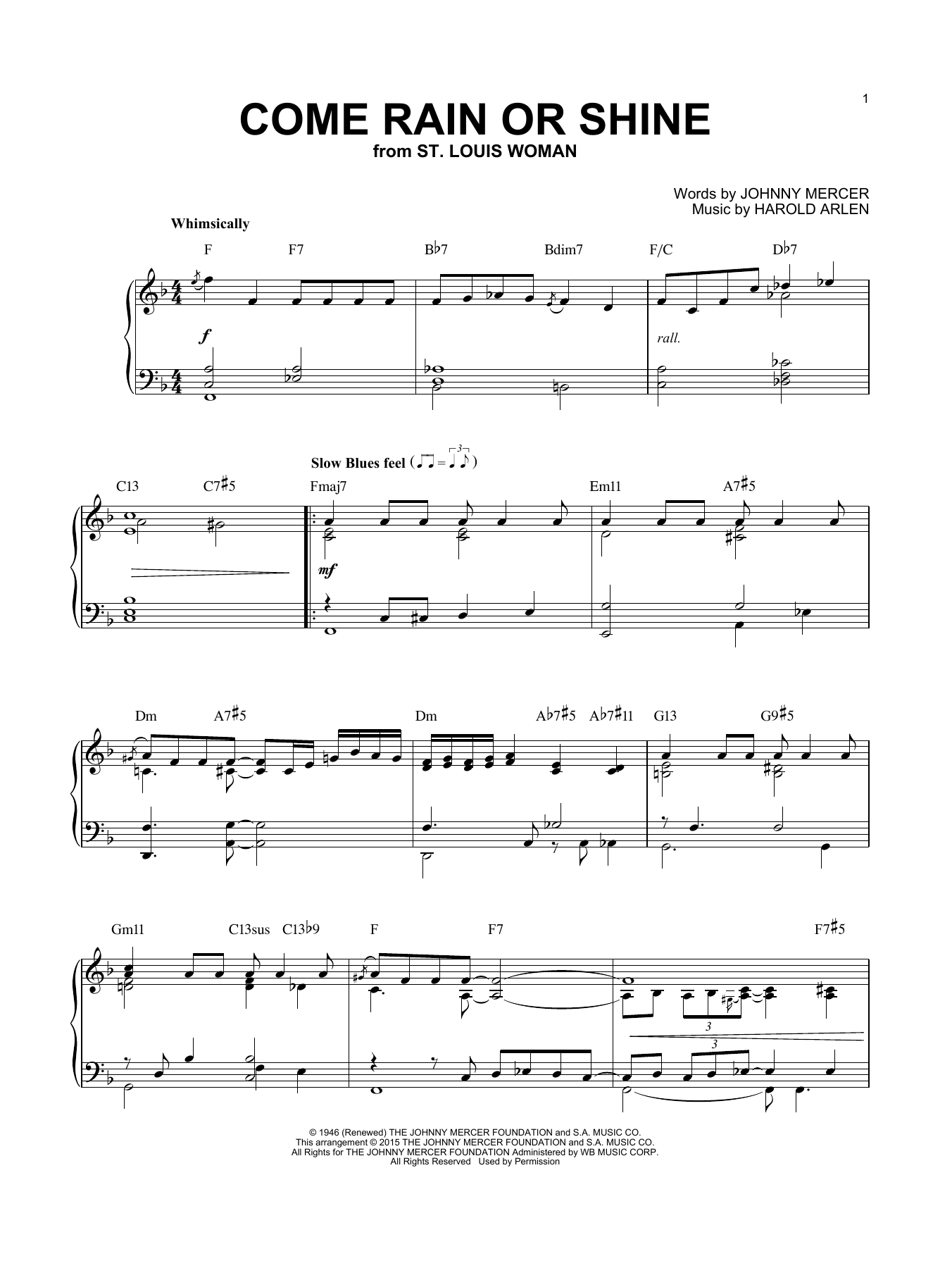 Harold Arlen Come Rain Or Come Shine [Jazz version] (arr. Brent Edstrom) Sheet Music Notes & Chords for Piano - Download or Print PDF