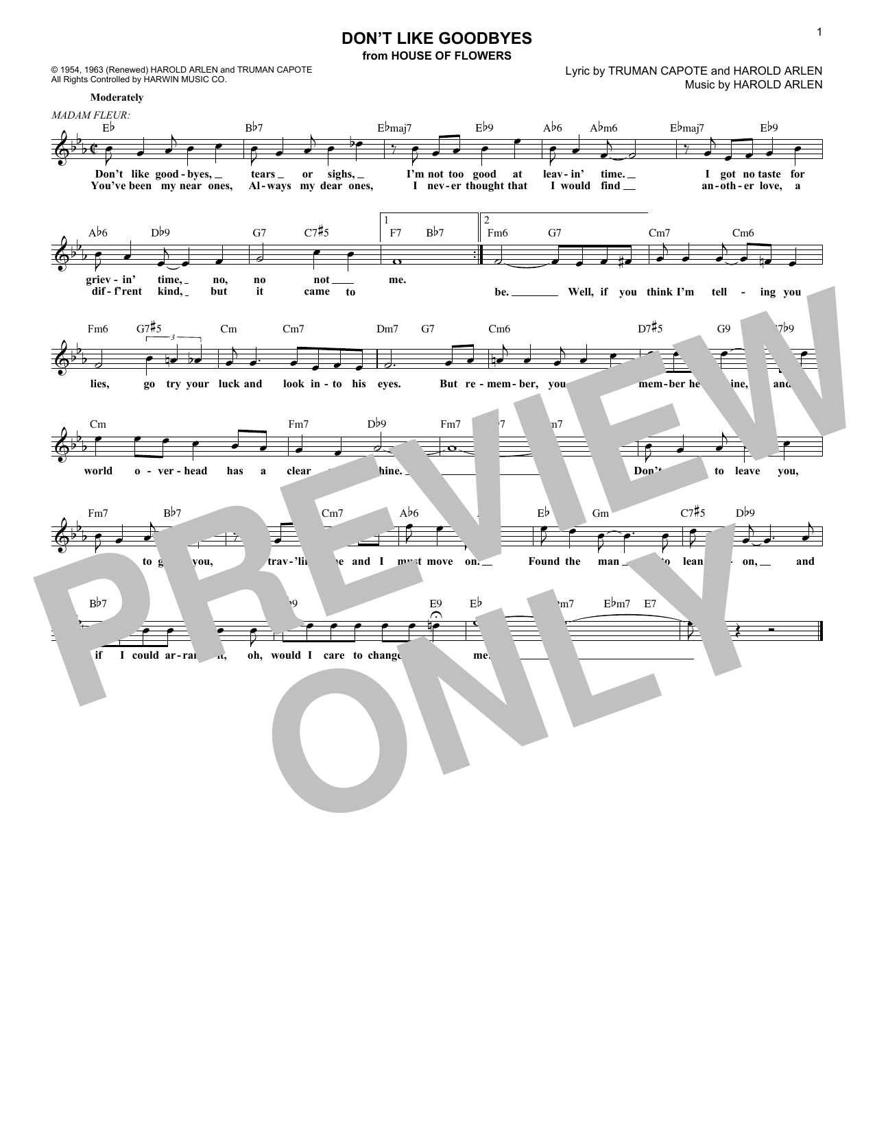 Harold Arlen Don't Like Goodbyes Sheet Music Notes & Chords for Melody Line, Lyrics & Chords - Download or Print PDF