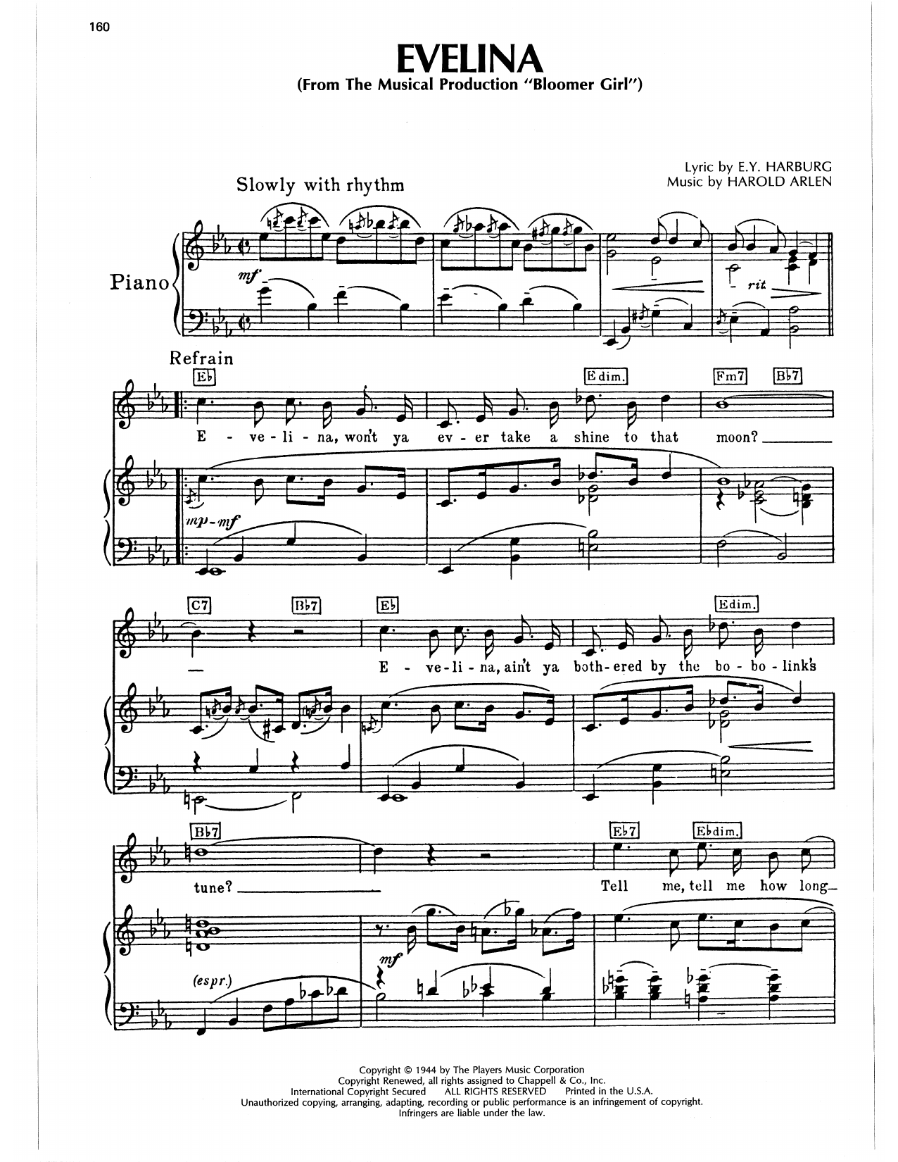 Harold Arlen Evelina (from Bloomer Girl) Sheet Music Notes & Chords for Piano, Vocal & Guitar Chords (Right-Hand Melody) - Download or Print PDF Harold Arlen Evelina (from Bloomer Girl) Sheet Music Notes & Chords for Piano, Vocal & Guitar Chords (Right-Hand Melody) - Download or Print PDF