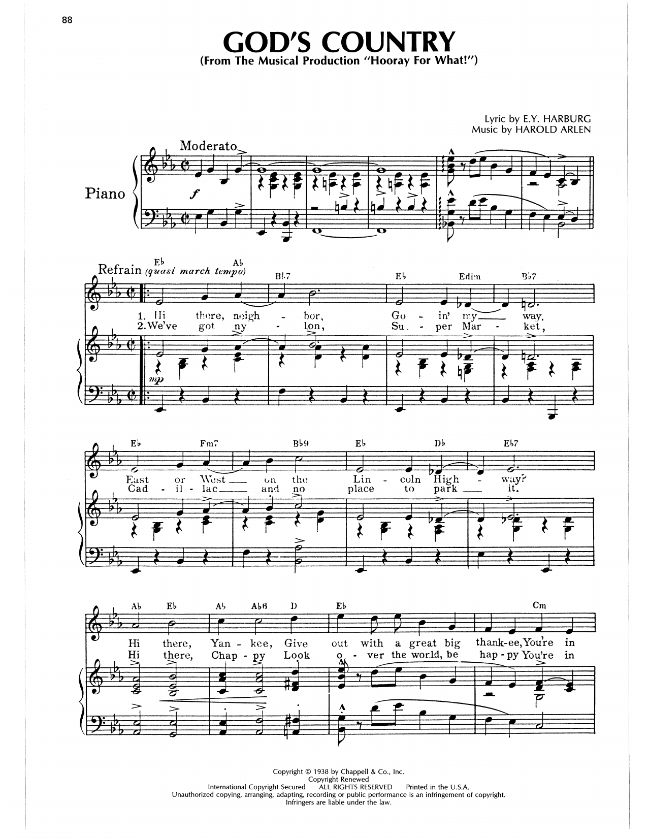 Harold Arlen God's Country Sheet Music Notes & Chords for Piano, Vocal & Guitar Chords (Right-Hand Melody) - Download or Print PDF Harold Arlen God's Country Sheet Music Notes & Chords for Piano, Vocal & Guitar Chords (Right-Hand Melody) - Download or Print PDF