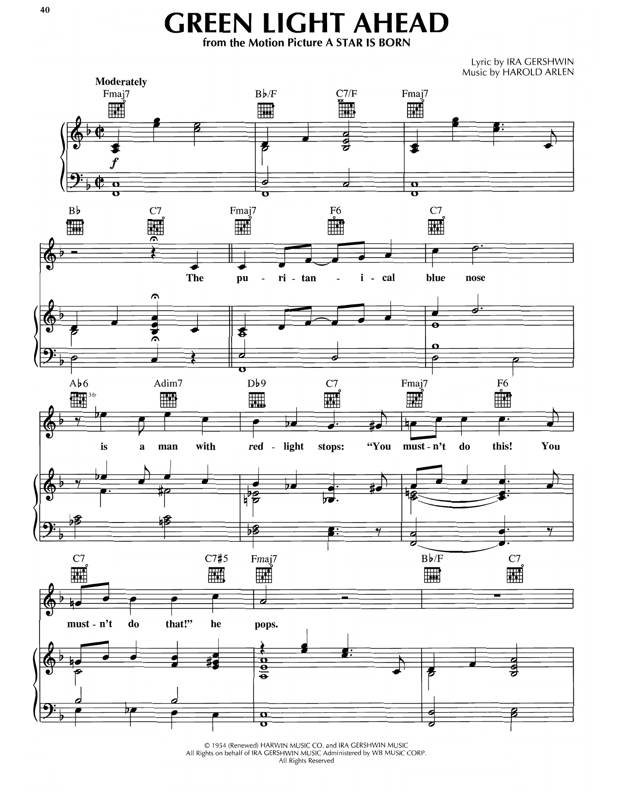 Harold Arlen Green Light Ahead Sheet Music Notes & Chords for Piano, Vocal & Guitar Chords (Right-Hand Melody) - Download or Print PDF