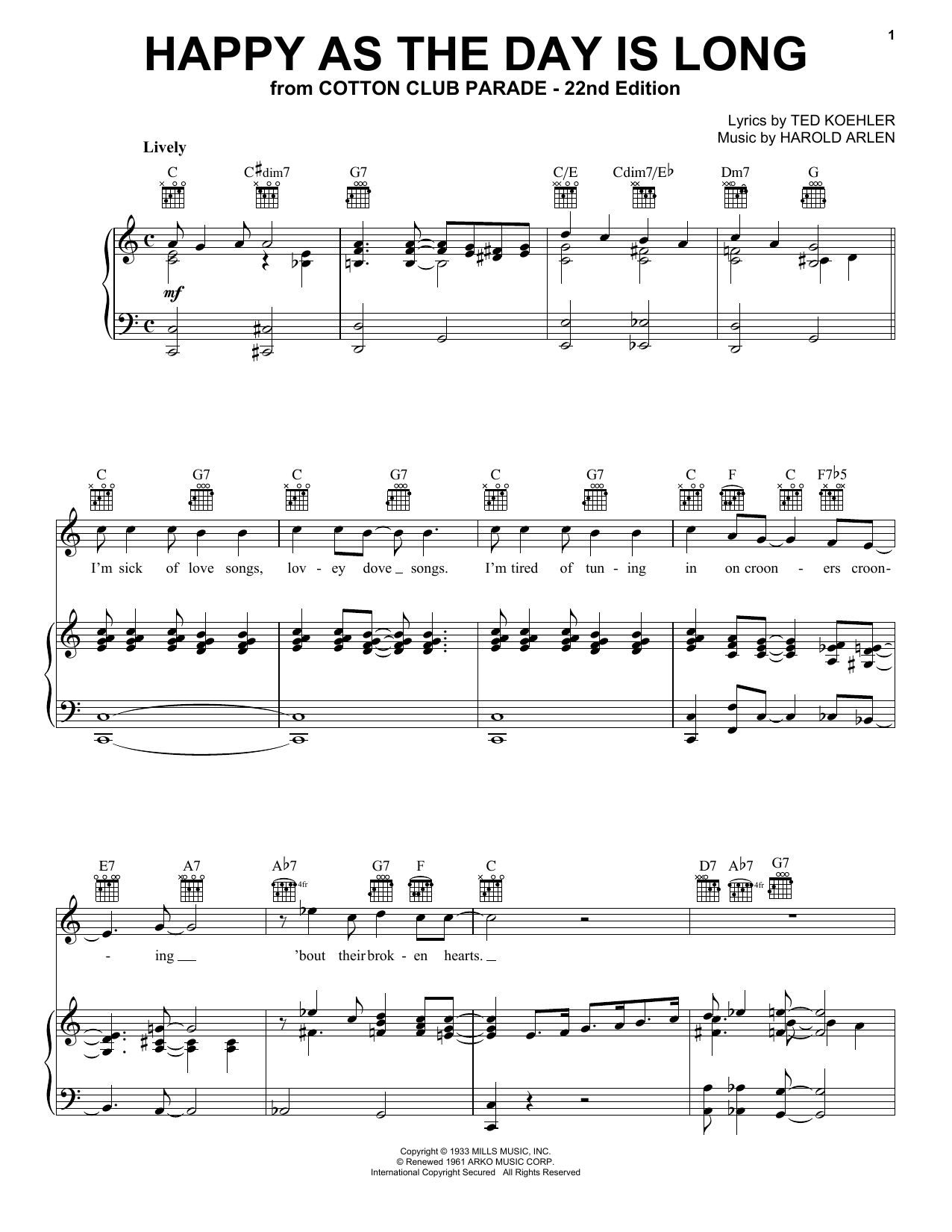 Harold Arlen Happy As The Day Is Long Sheet Music Notes & Chords for Piano, Vocal & Guitar (Right-Hand Melody) - Download or Print PDF