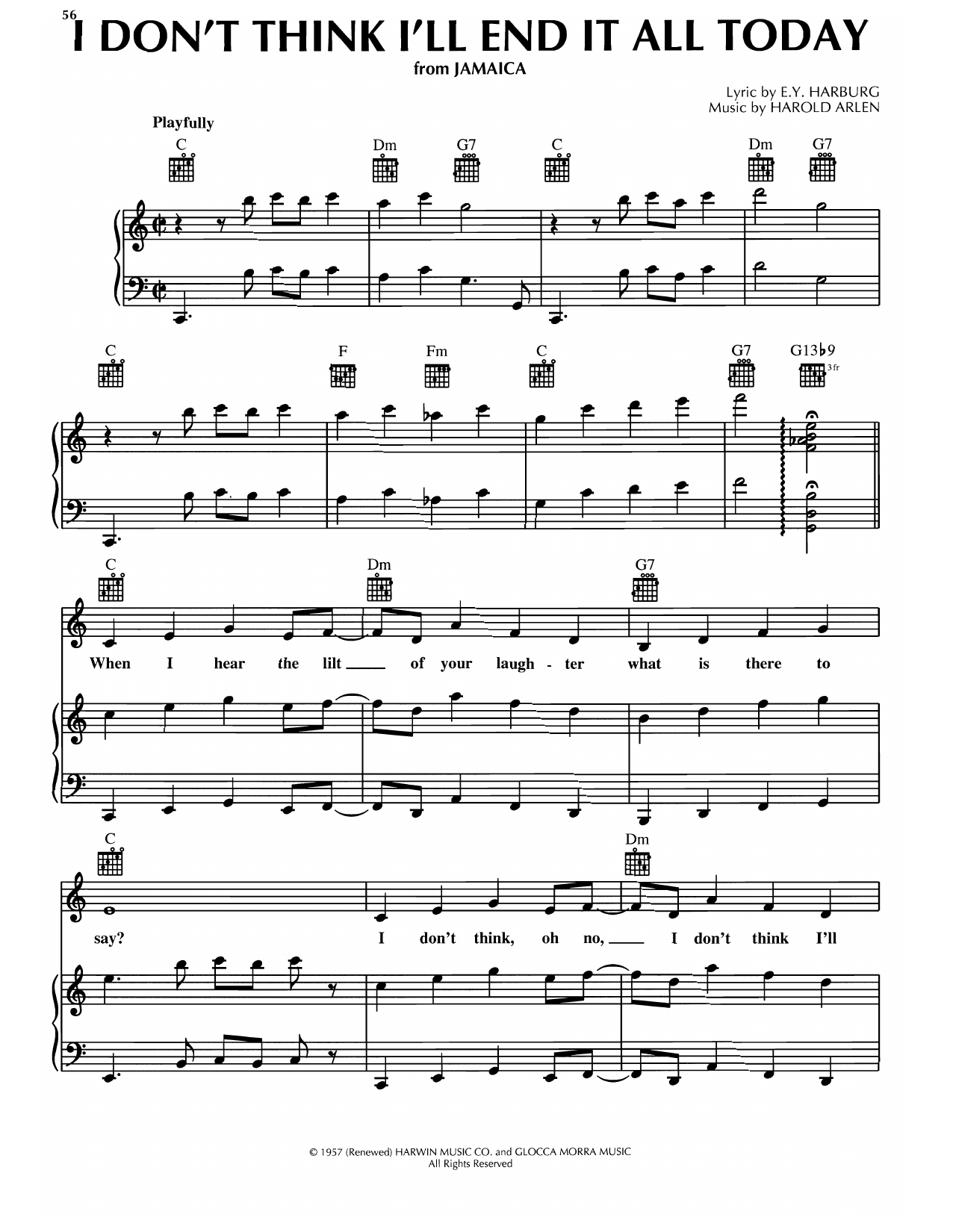 Harold Arlen I Don't Think I'll End It All Today Sheet Music Notes & Chords for Piano, Vocal & Guitar Chords (Right-Hand Melody) - Download or Print PDF