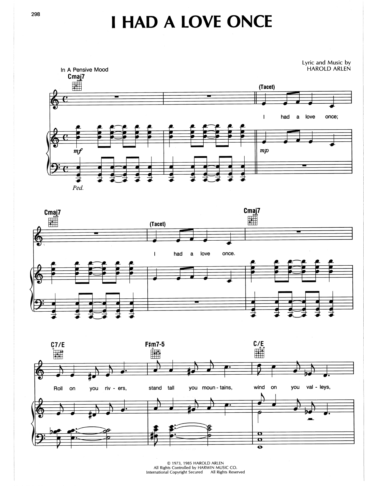 Harold Arlen I Had A Love Once Sheet Music Notes & Chords for Piano, Vocal & Guitar Chords (Right-Hand Melody) - Download or Print PDF