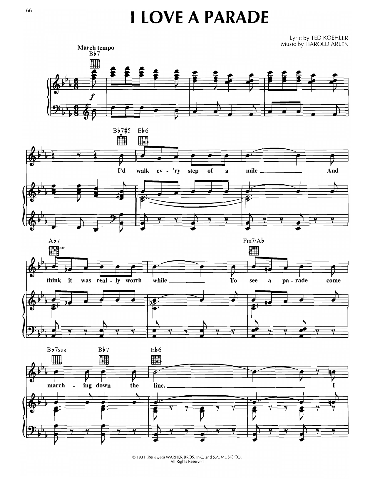 Harold Arlen I Love A Parade Sheet Music Notes & Chords for Piano, Vocal & Guitar Chords (Right-Hand Melody) - Download or Print PDF