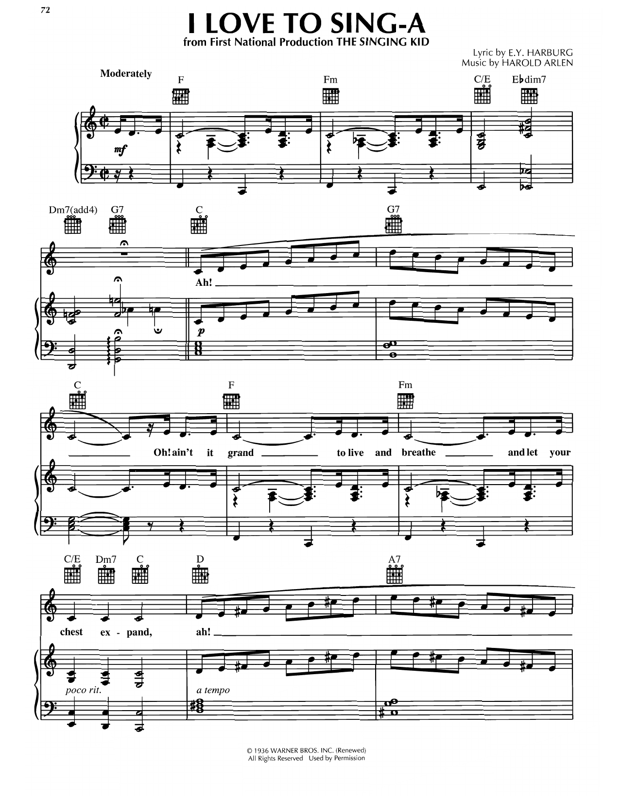 Harold Arlen I Love To Sing-a Sheet Music Notes & Chords for Piano, Vocal & Guitar Chords (Right-Hand Melody) - Download or Print PDF
