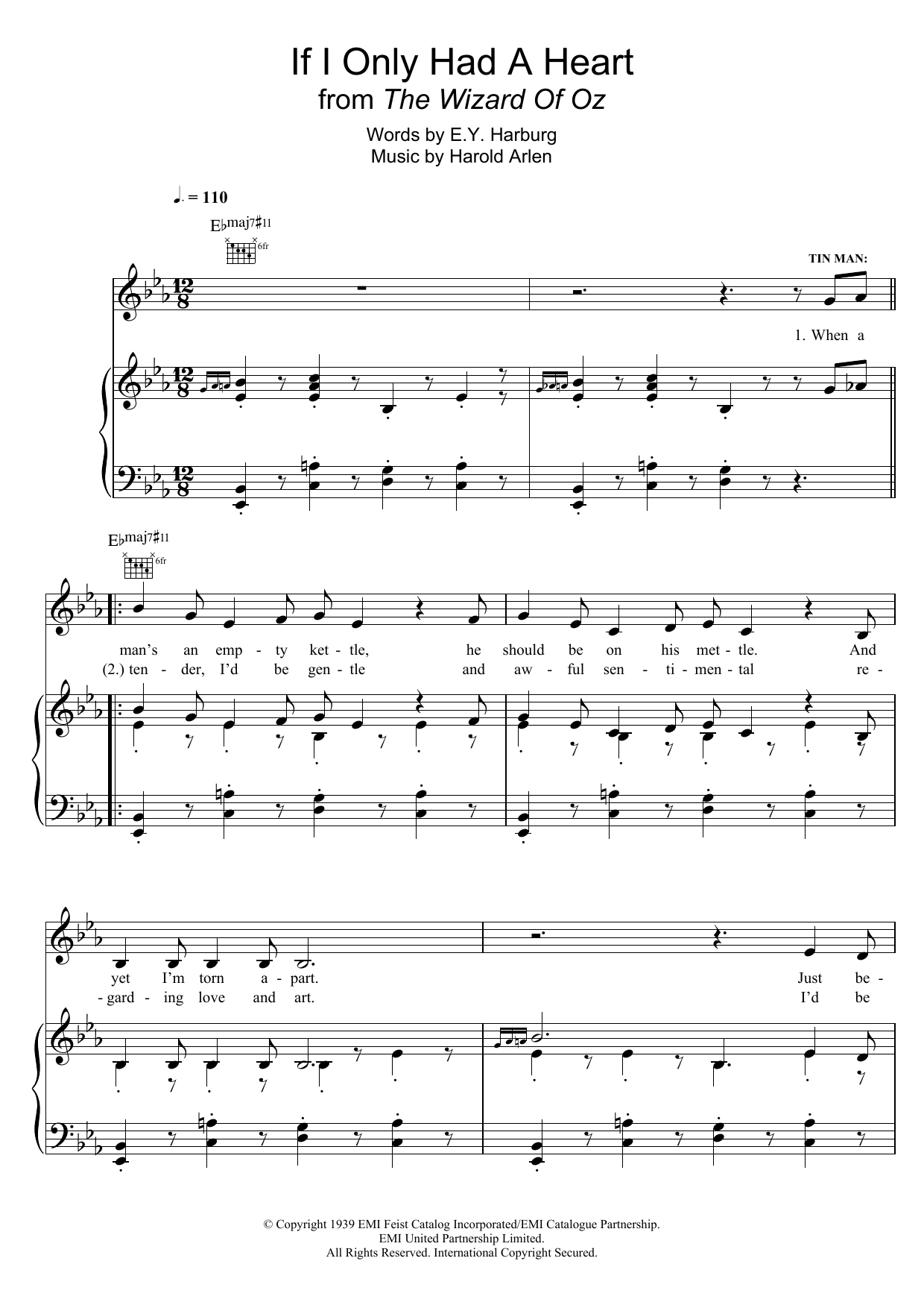Harold Arlen If I Only Had A Heart (from 'The Wizard Of Oz') Sheet Music Notes & Chords for Piano, Vocal & Guitar (Right-Hand Melody) - Download or Print PDF